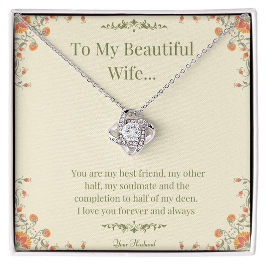 To My Beautiful Wife Love Knot Necklace (White & Yellow Gold)