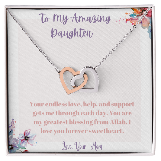 Amazing Daughter Interlocking Heart Necklace, Islamic Message, Muslim Jewelry, Stainless Steel, 18k Gold