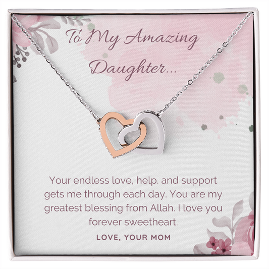 To My Amazing Daughter Interlocking Heart Necklace, Islamic Message, Muslim Jewelry